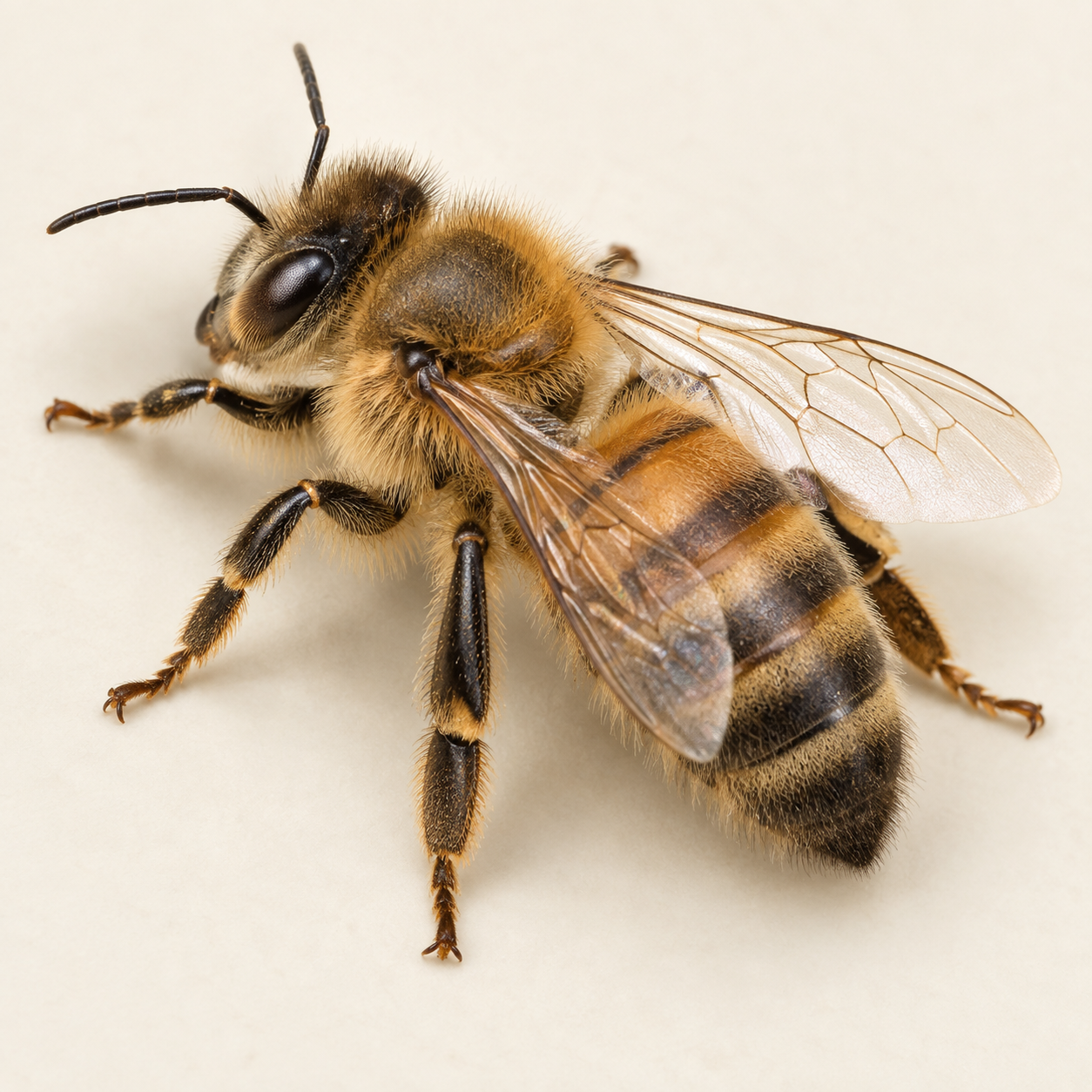 Honigbiene: Behaarter, braun bis goldbrauner Brustabschnitt; Gedämpfte braune und dunkle Hinterleibsbinden; Wildbienen können deutlich anders aussehen.