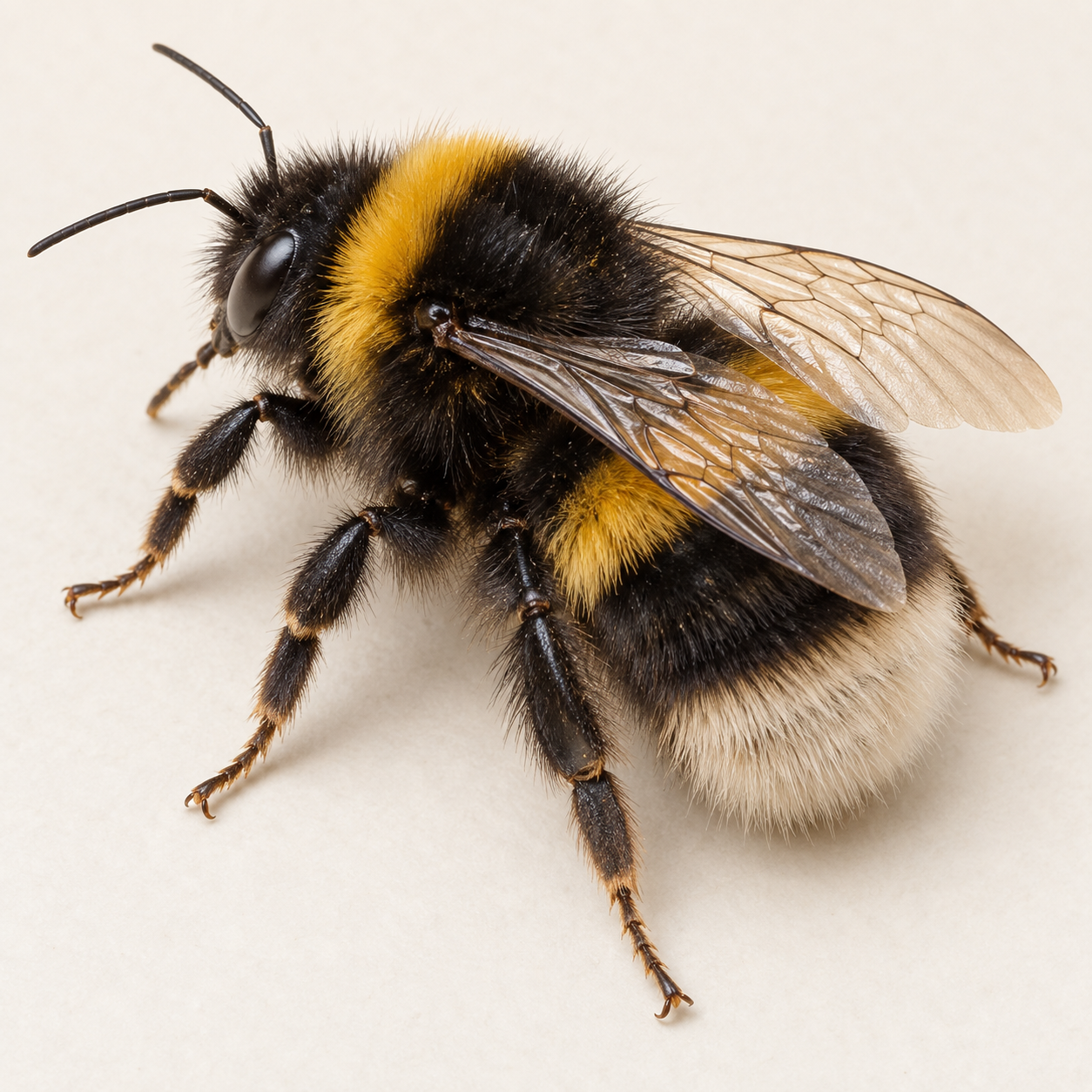 Hummel: Kräftiger, rundlicher und dicht pelziger Körper; Typisch: gelbe Binden und helles Hinterleibsende; Färbung unterscheidet sich je nach Hummelart.