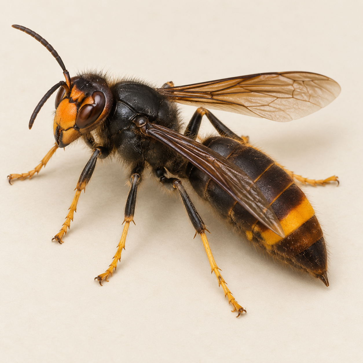 Asiatische Hornisse: Schwarzer Brustabschnitt; Größe: Ca.2,0 - 2,5 cm (kleiner); Dunkler Hinterleib mit breiter orangegelber Binde; Dunkle Beine mit gelben Enden.